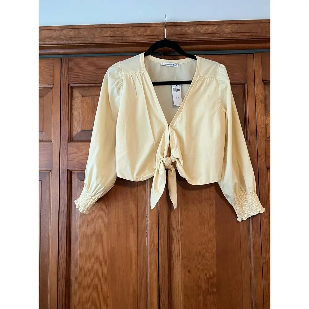 NWT Abercrombie & Fitch Poplin Tie Front Crop Top Yellow Puff Sleeve Size S
